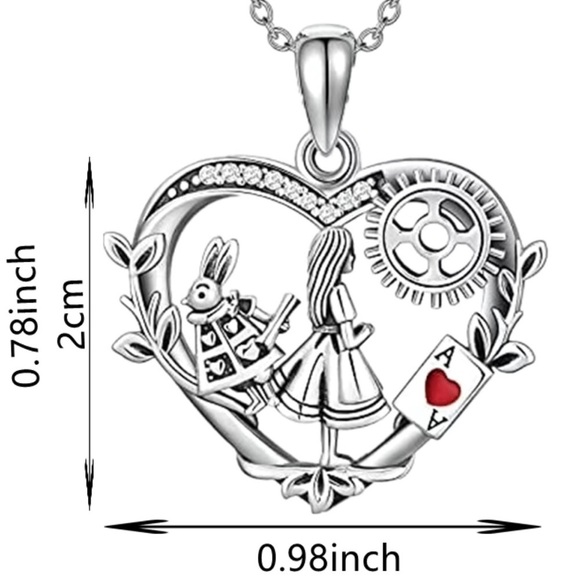 Alice In Wonderland Necklace Pendant and Chain Women’s Silver Tone Red Heart - Picture 3 of 16